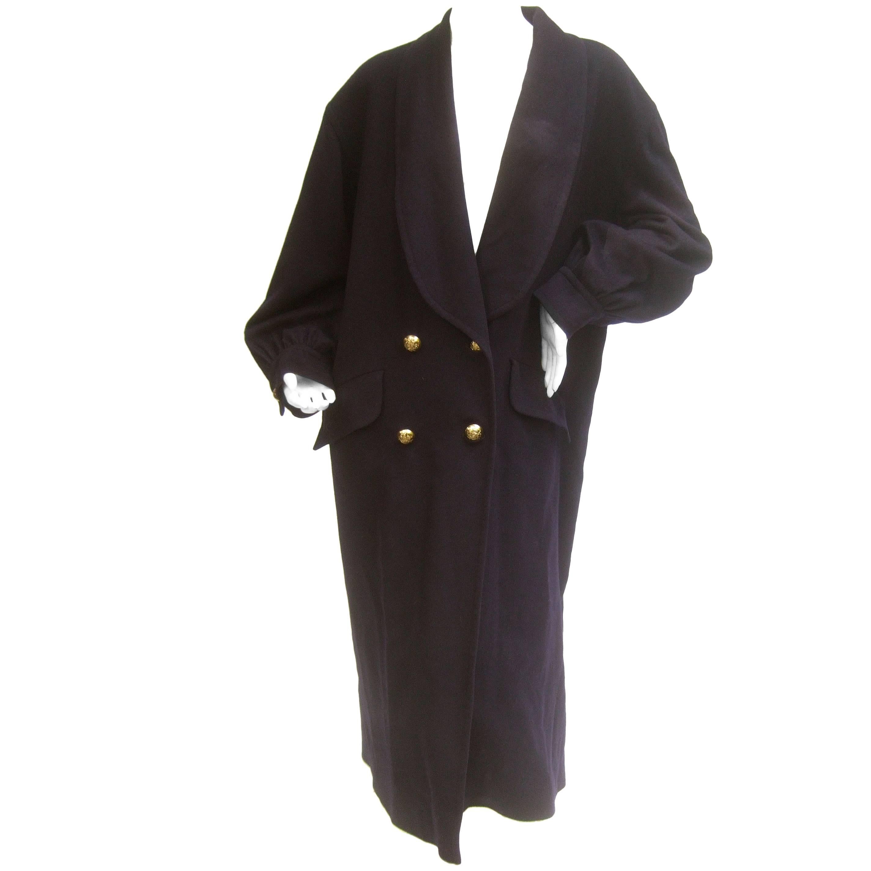 Jaeger London Dark Blue Wool Cocoon Coat c 1980s