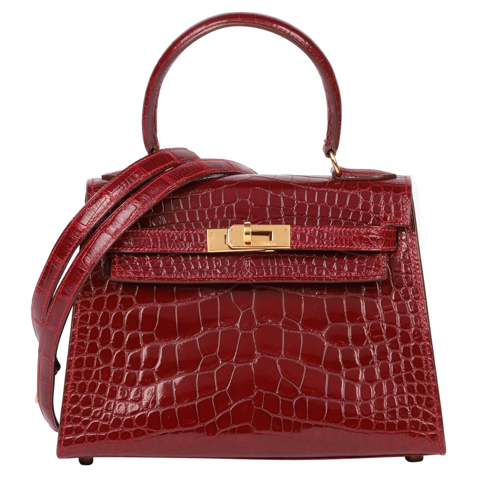 Hermès Rouge H Cuir d'alligator brillant Vintage Kelly 20cm en vente
