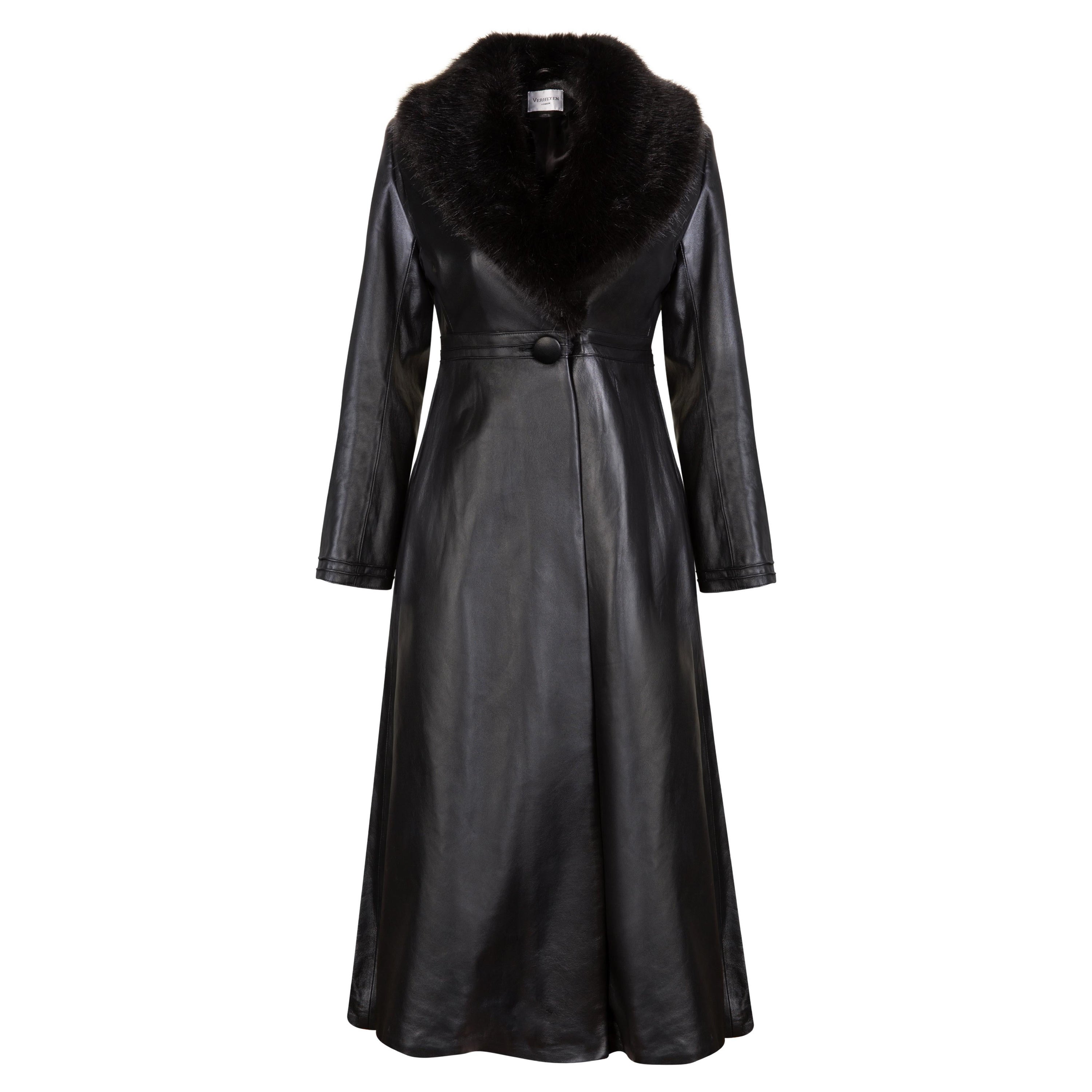 Verheyen London Edward Leather Coat with Faux Fur Collar in Black - Size uk 16 For Sale