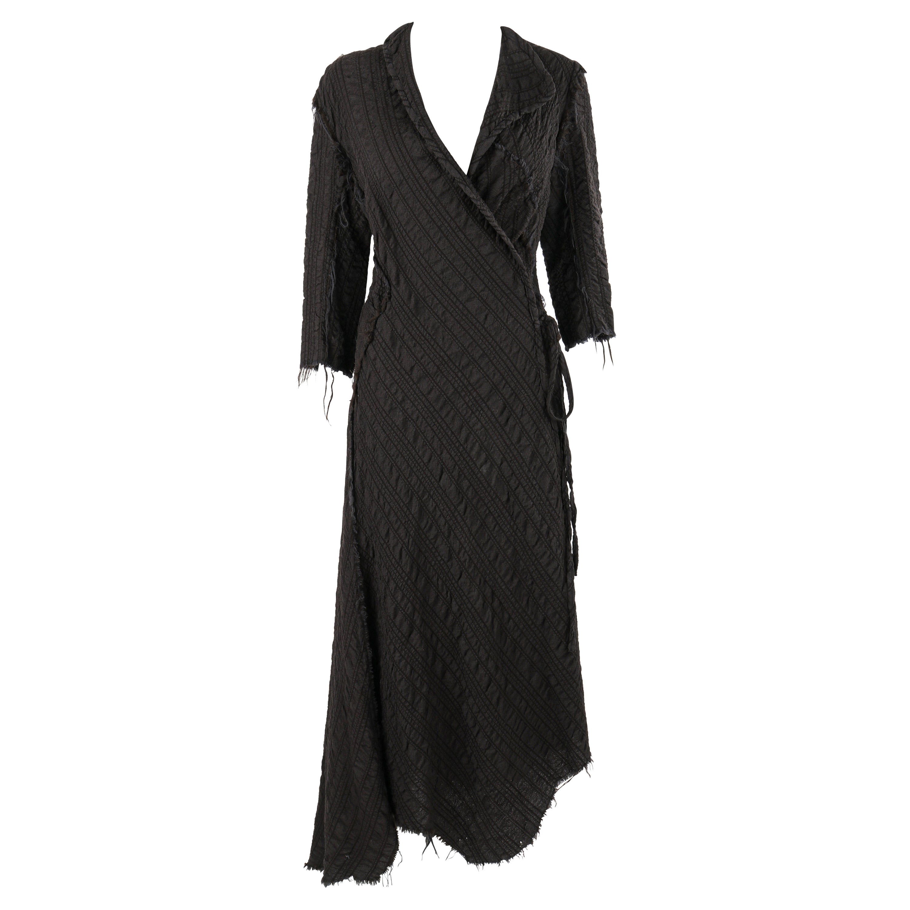 GARY GRAHAM 2003 Black Wool Distressed Asymmetrical Maxi Tie Wrap Dress OOAK For Sale