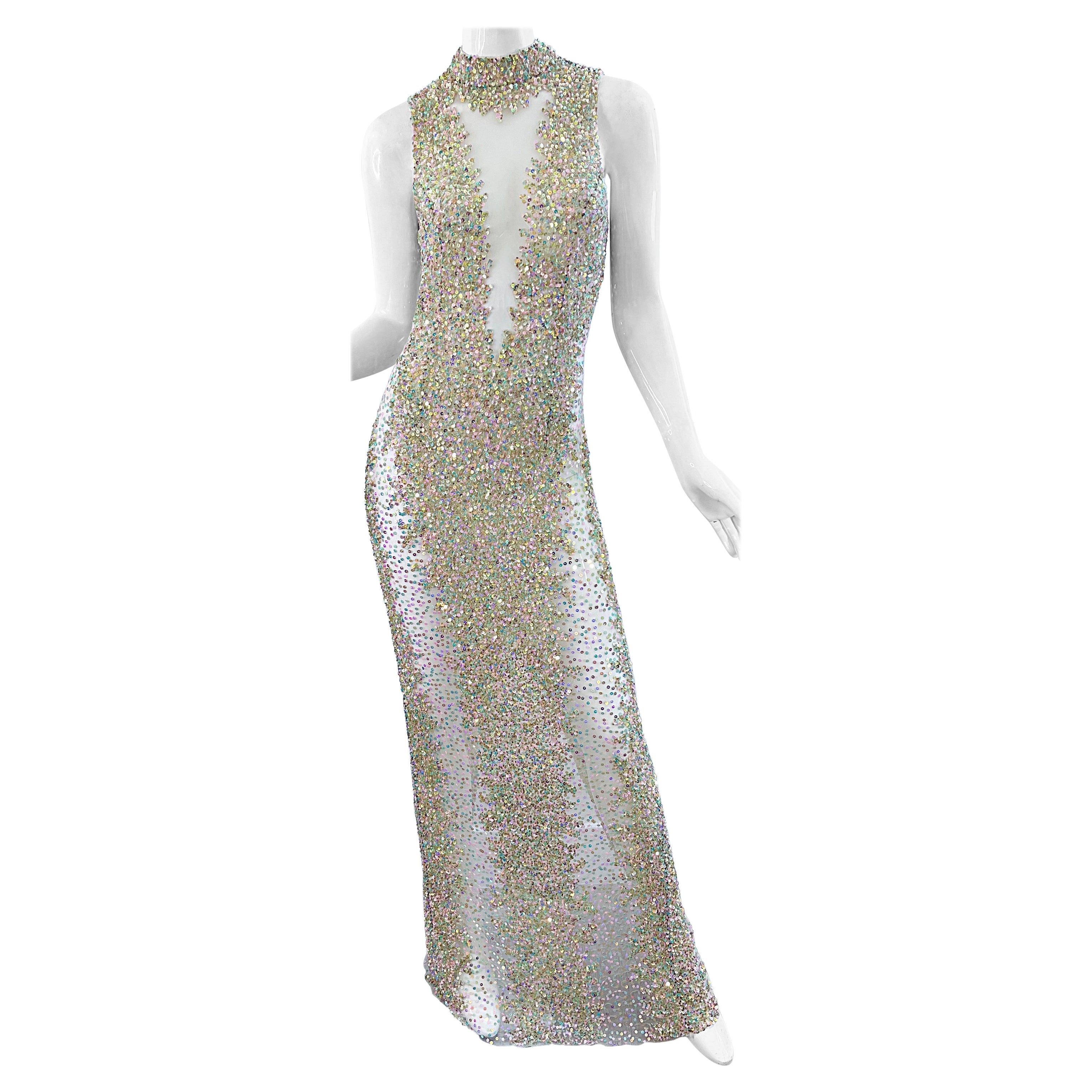 1990s Iridescent Sequined Sheer Sexy Mesh Vintage 90s Seductive Gown For Sale