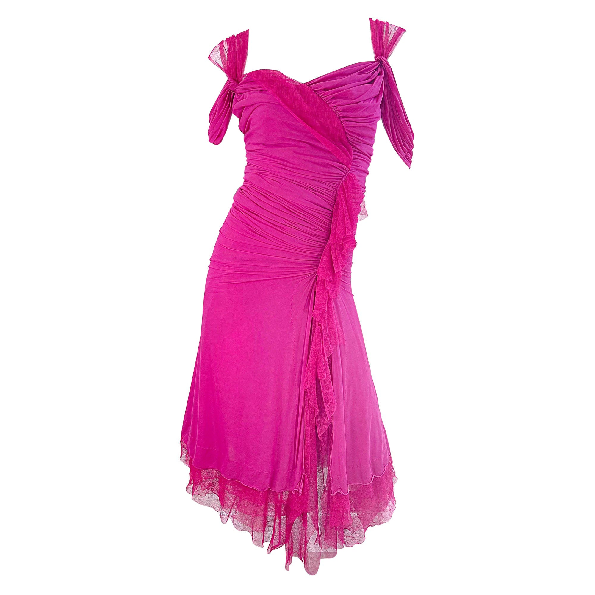 Donna Karan Runway Fall 2004 Hot Pink Off Shoulder Vintage Jersey Tulle Dress