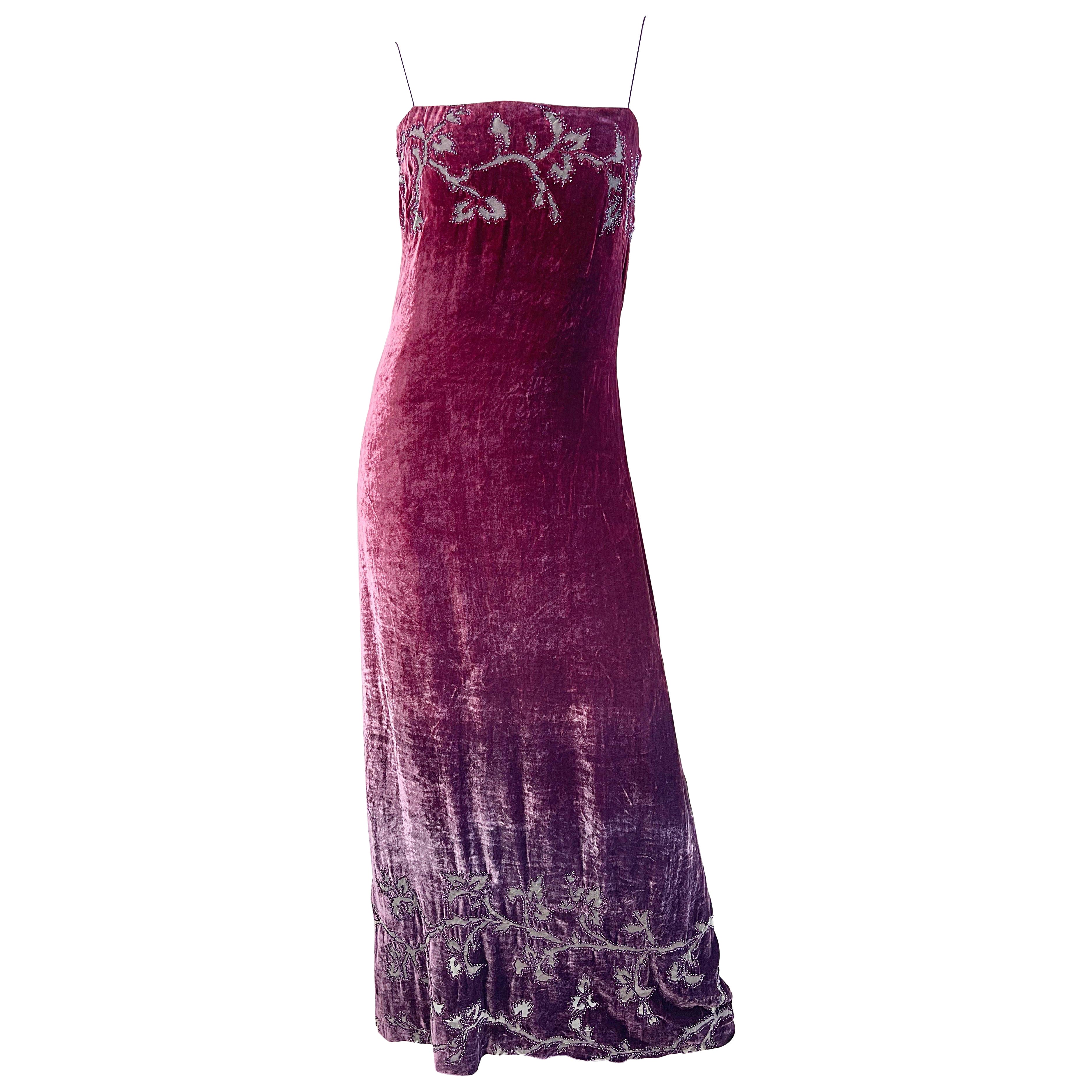 NWT 1990s HALSTON Burgundy Ombré Silk Burnout Velvet Devore Beaded 90s Gown  For Sale