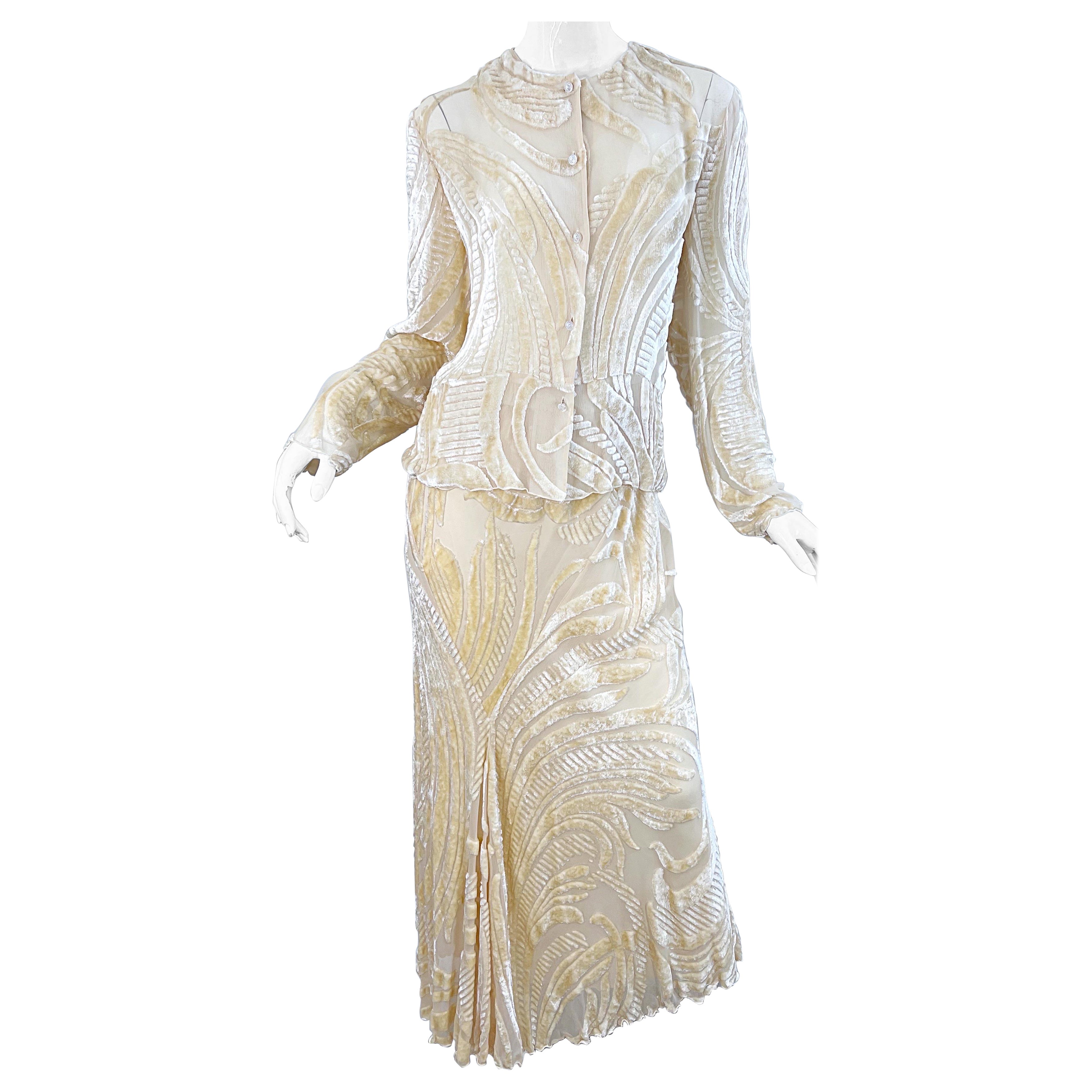 NWT Marian Clayden $3k Fall 2000 Ivory Silk Velvet Devore Vintage Top + Skirt  For Sale