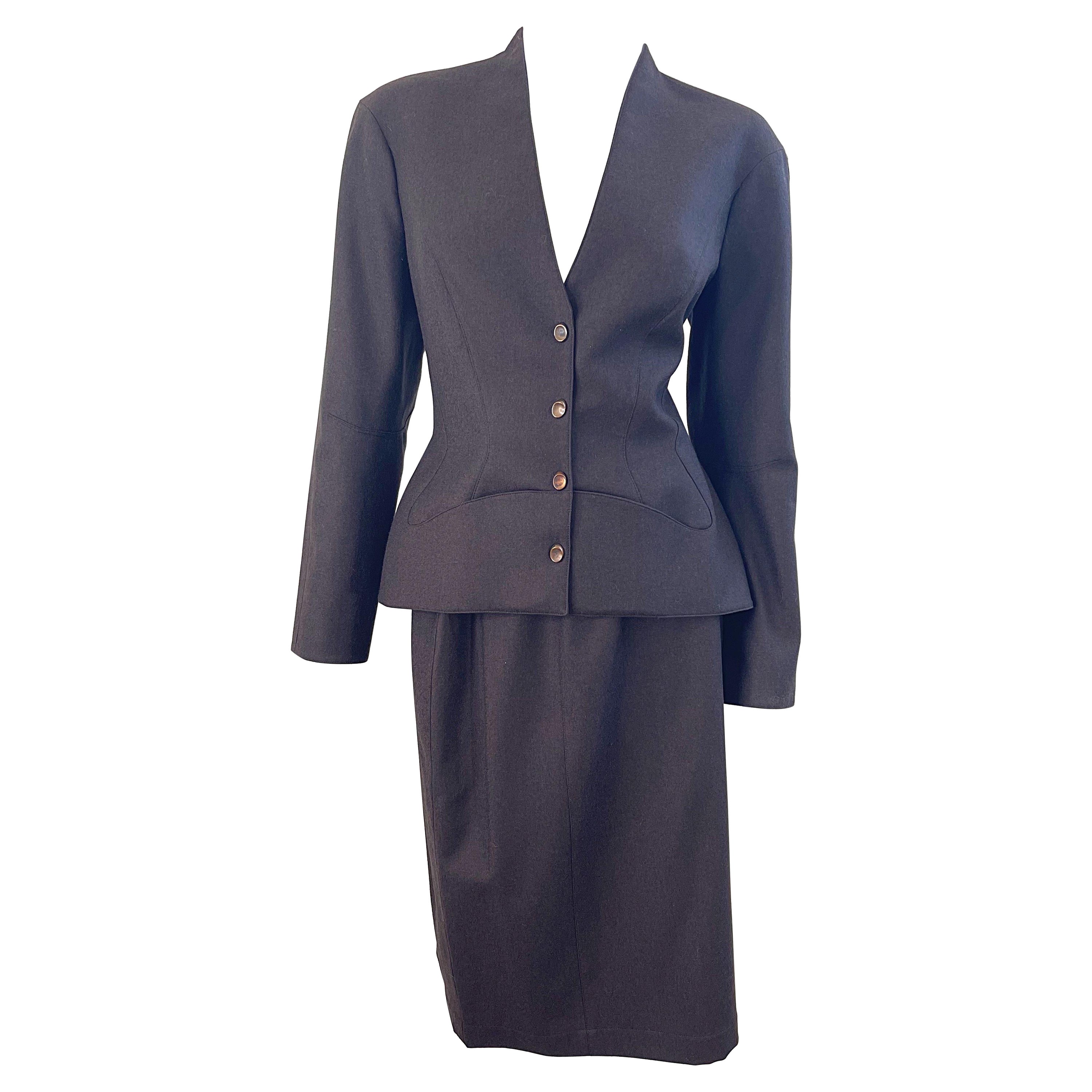 NWT 1990s Thierry Mugler Brown Size 42 Cashmere + Wool Vintage 90s Skirt Suit For Sale