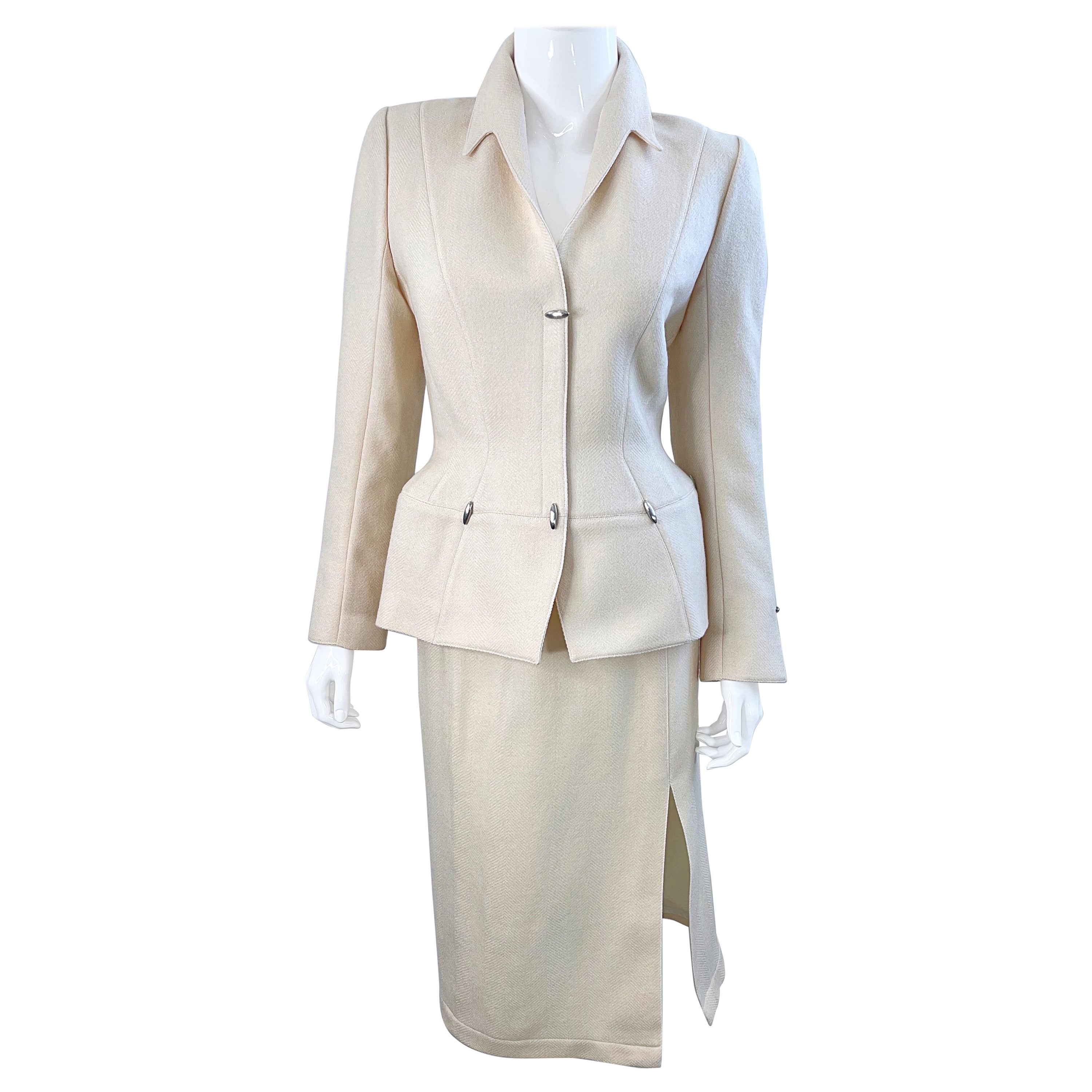 Vintage Thierry Mugler F/W 1989 Ivory Size 4 / 6 Wool Silver Bullet Skirt Suit  For Sale