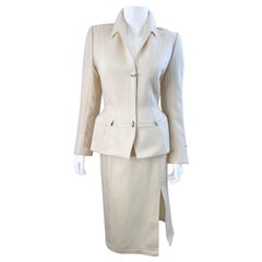 Retro Thierry Mugler F/W 1989 Ivory Size 4 / 6 Wool Silver Bullet Skirt Suit 