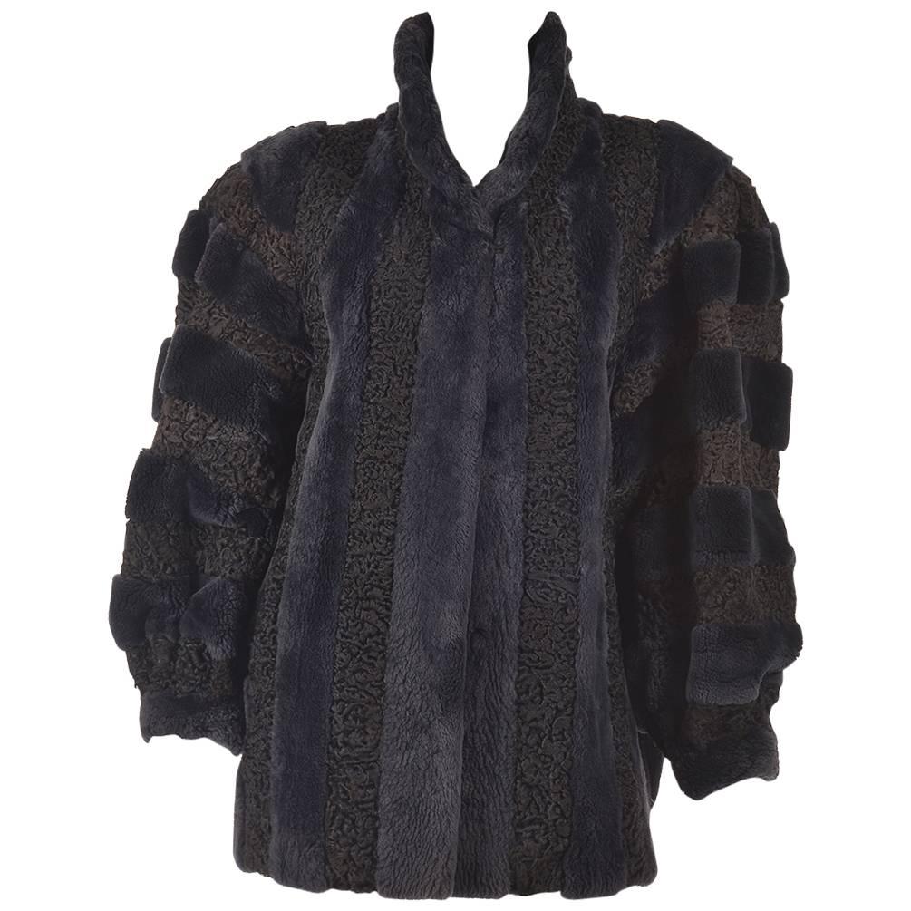 1980s Christian Dior Midnight Blue Persian Lamb and Shaved Mink Coat XL For Sale