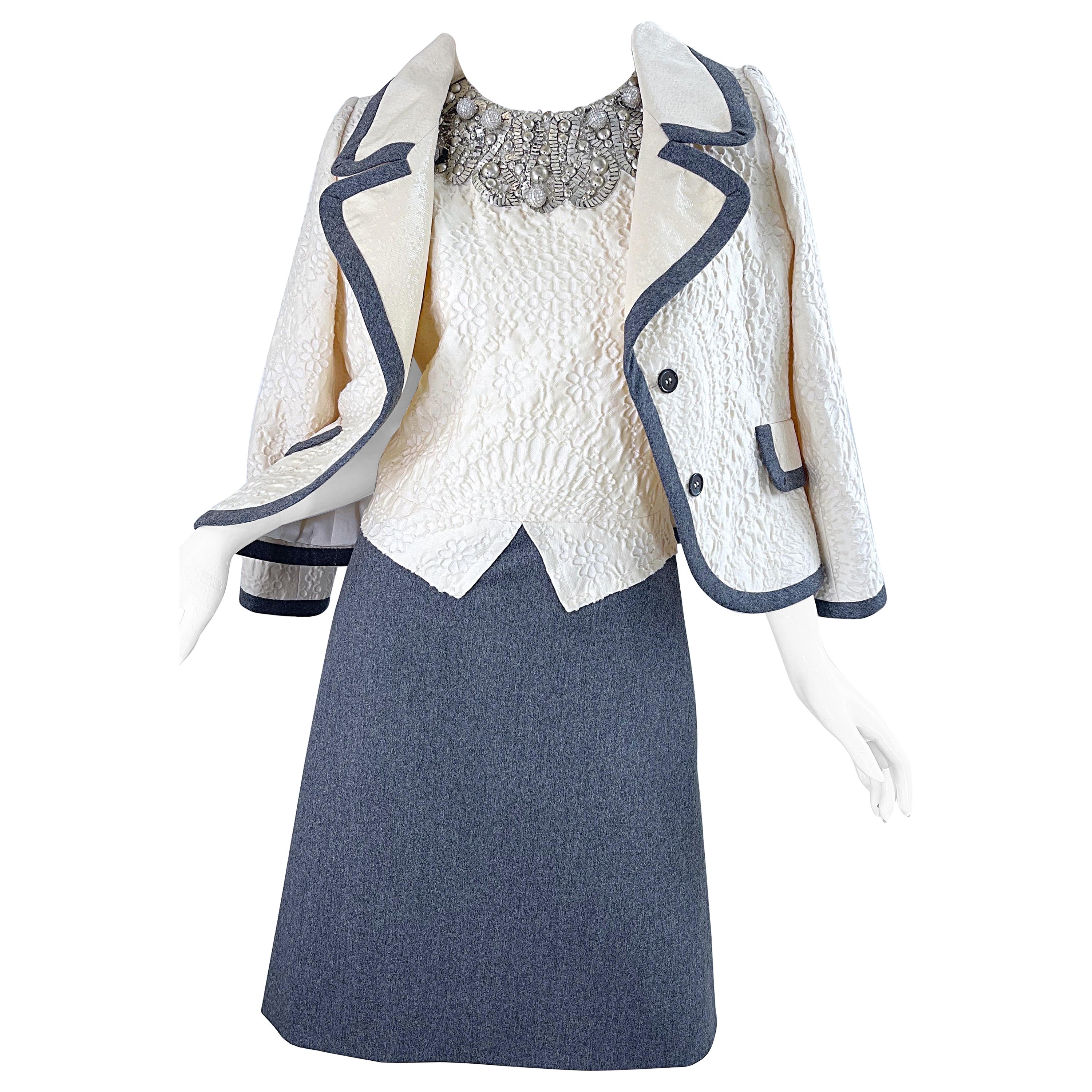 Bill Blass 1990s Does 1960s Size 6 Beaded Silk + Wool A Line Dress + Jacket Set For Sale