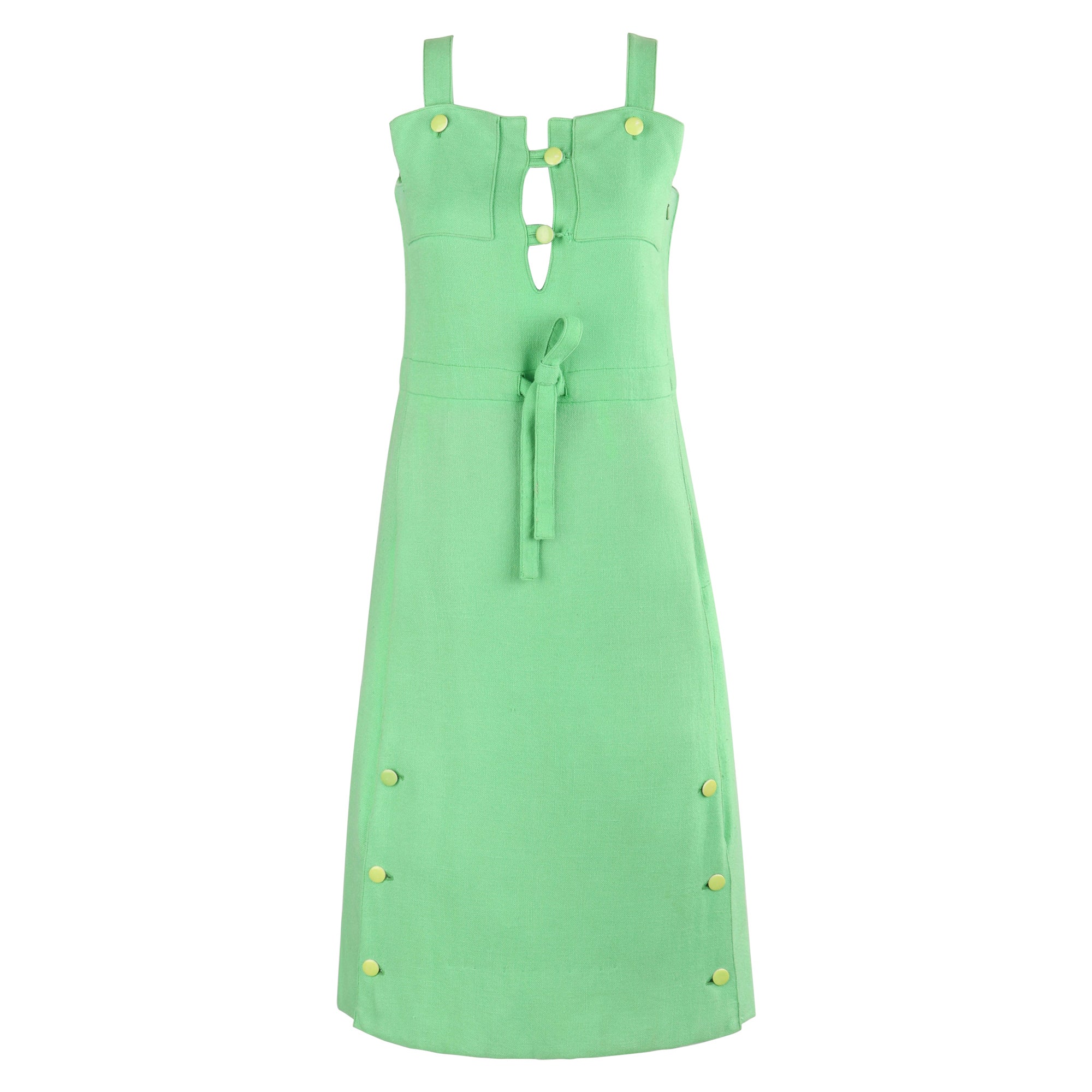 COURREGES Paris c.1960's Vtg Mint Green Tie Front Overall Midi Day Dress