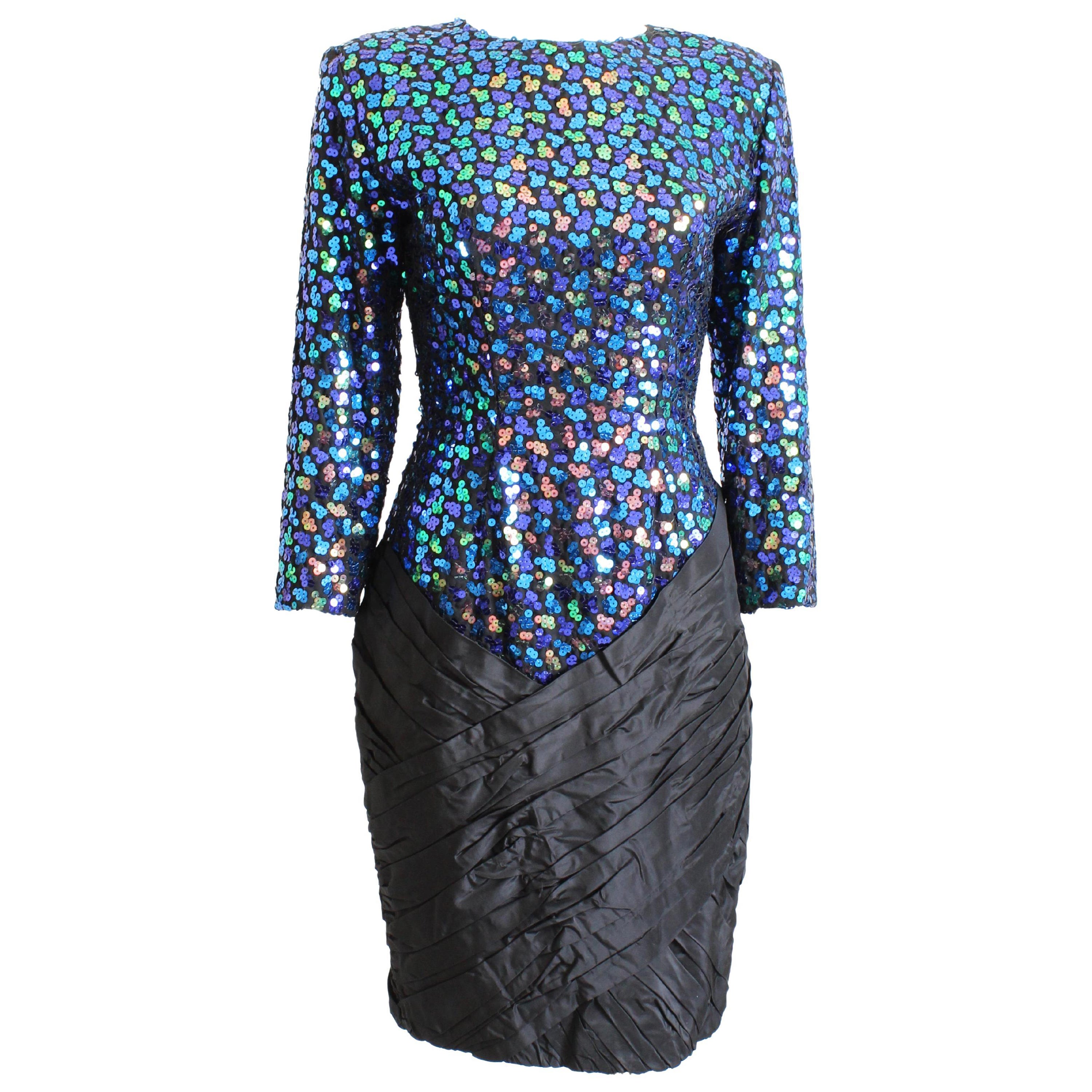 Vicky Tiel Couture Dress Cocktail Embellished Sequins Silk Taffeta Vintage 90s For Sale