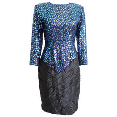 Vicky Tiel Couture Dress Cocktail Embellished Sequins Silk Taffeta Retro 90s