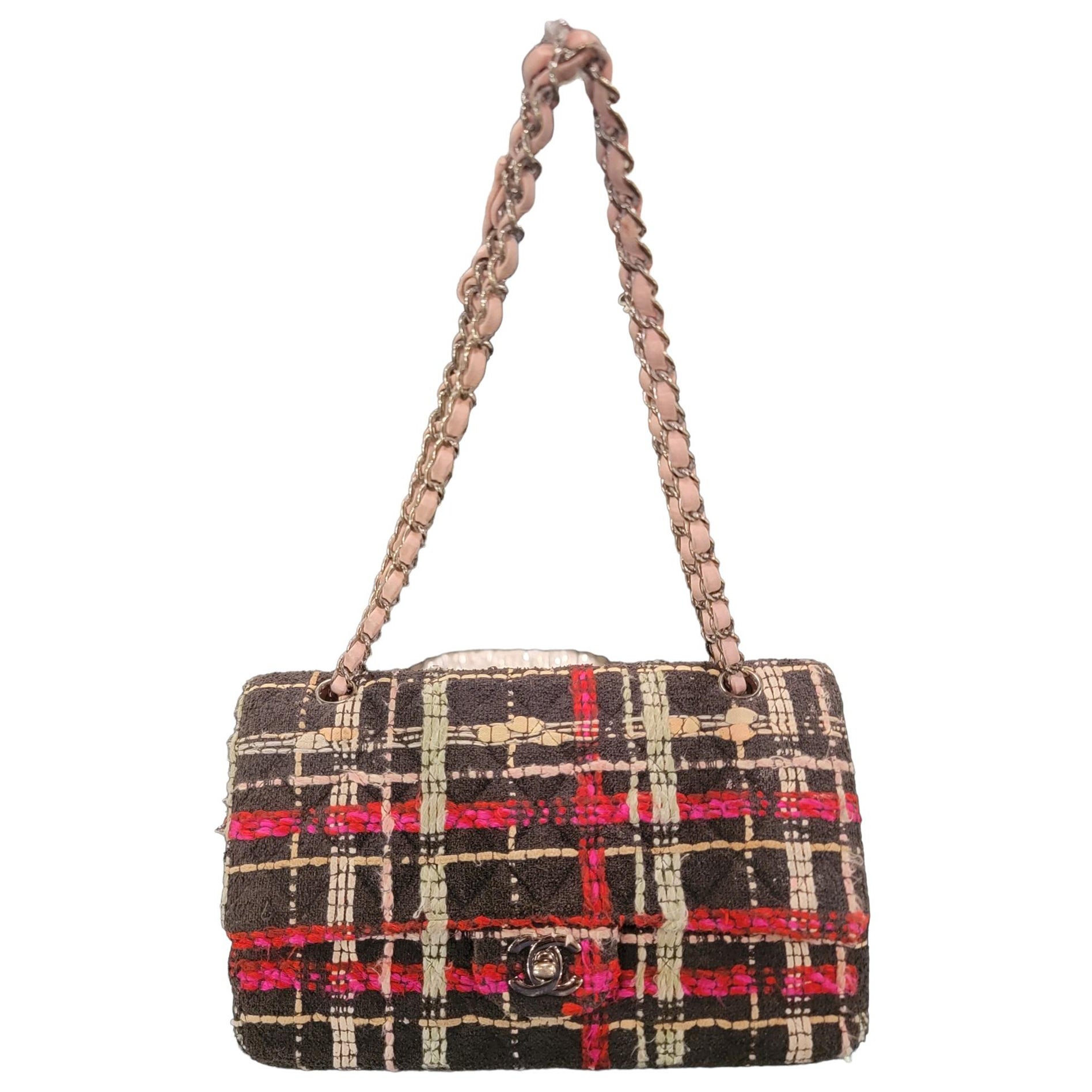 Chanel Vintage Red, Multicolor Tweed CC Charm Flap Gold Hardware
