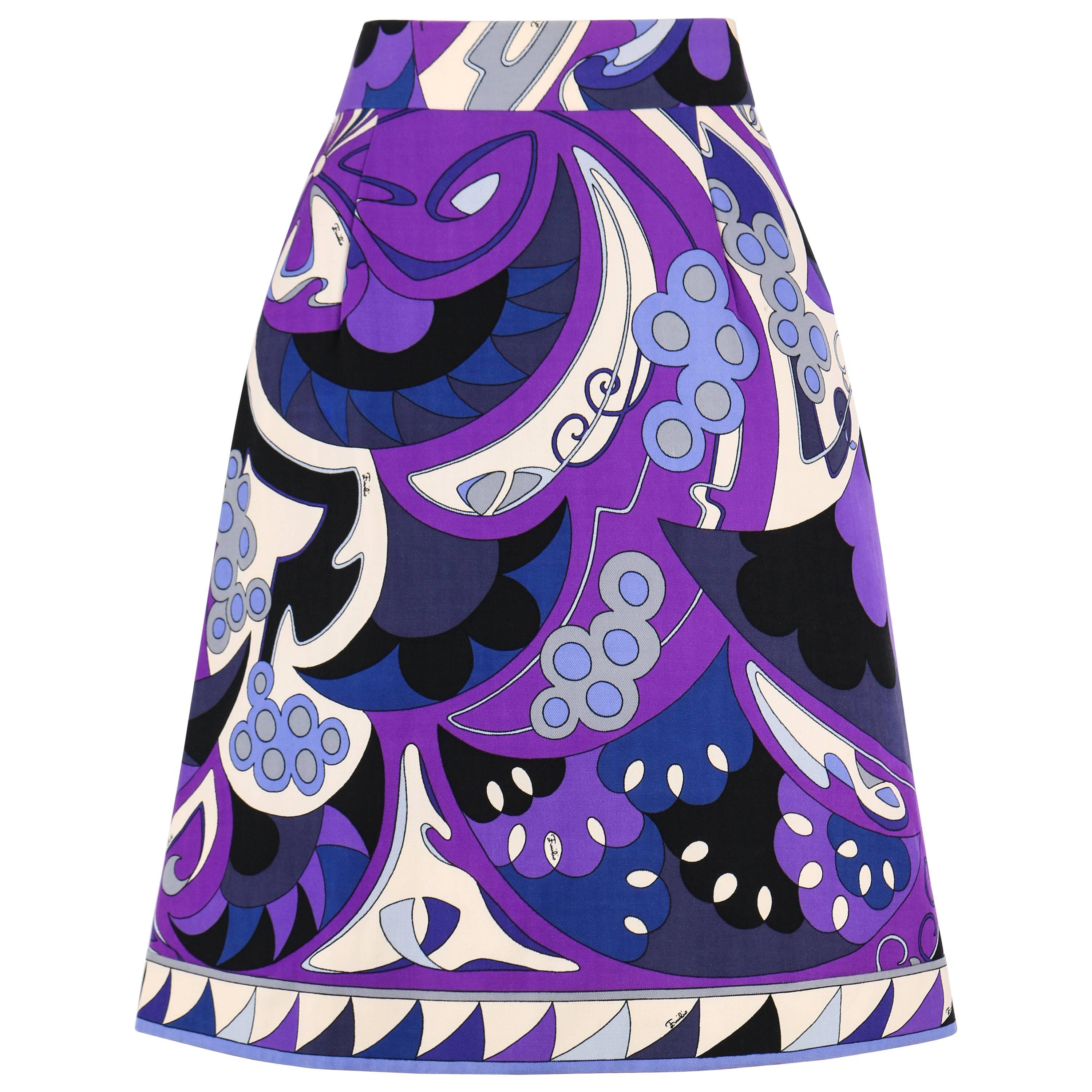 EMILIO PUCCI 1960s Purple Mediterranean Motif Signature Print Wool A-Line Skirt