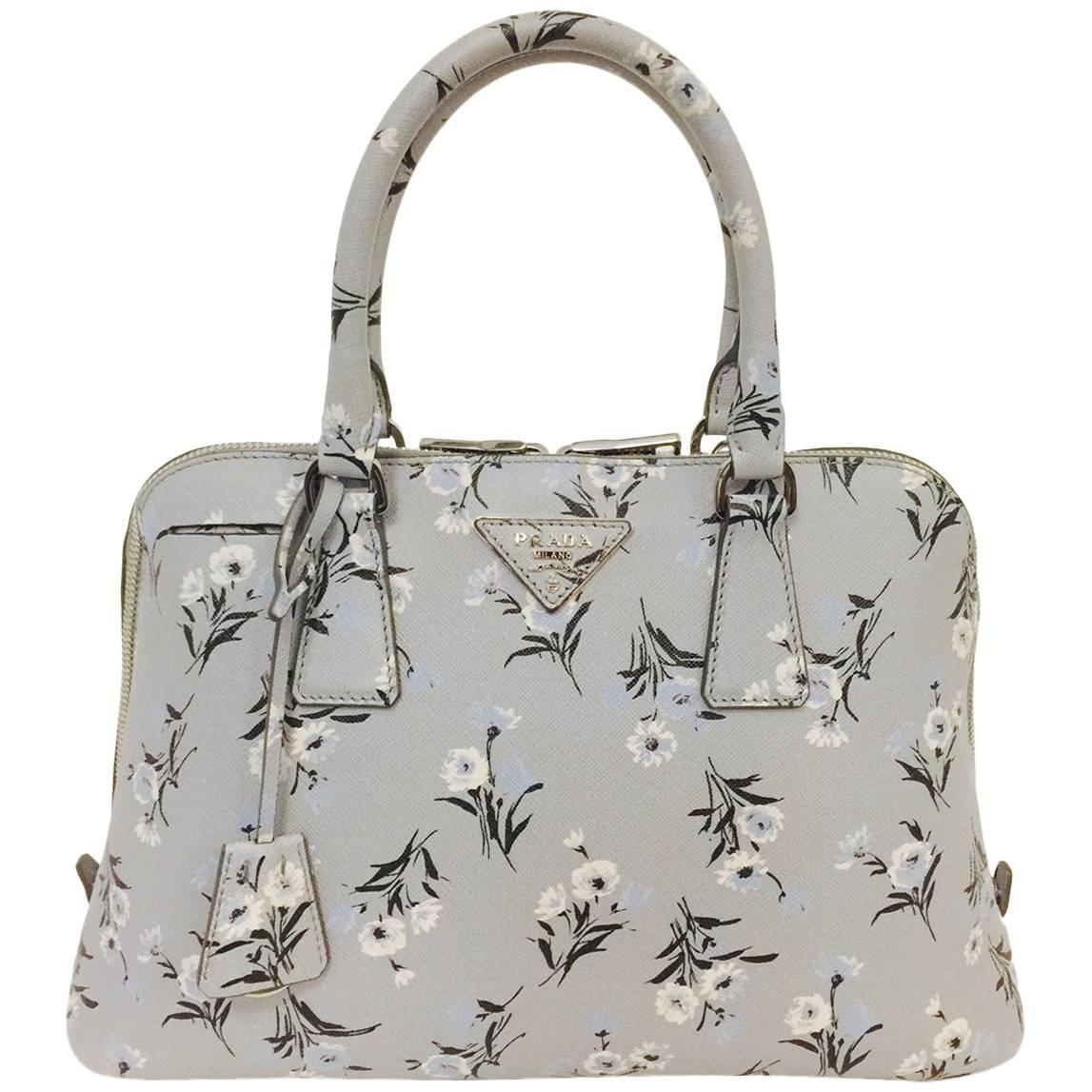 Prada Floral Print Signature Saffiano Leather Satchel With Shoulder