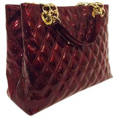 Stuart Weitzman Cherry Diamond Quilted Patent Leather Tote/Gold Tone Straps