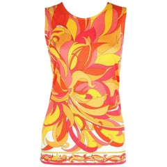 EMILIO PUCCI 1970s Orange Multicolor Floral Motif Silk Jersey Sleeveless Top