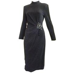 Vintage 1980s Louis Feraud Grey Wool Cocktail Dress (38 Germany)