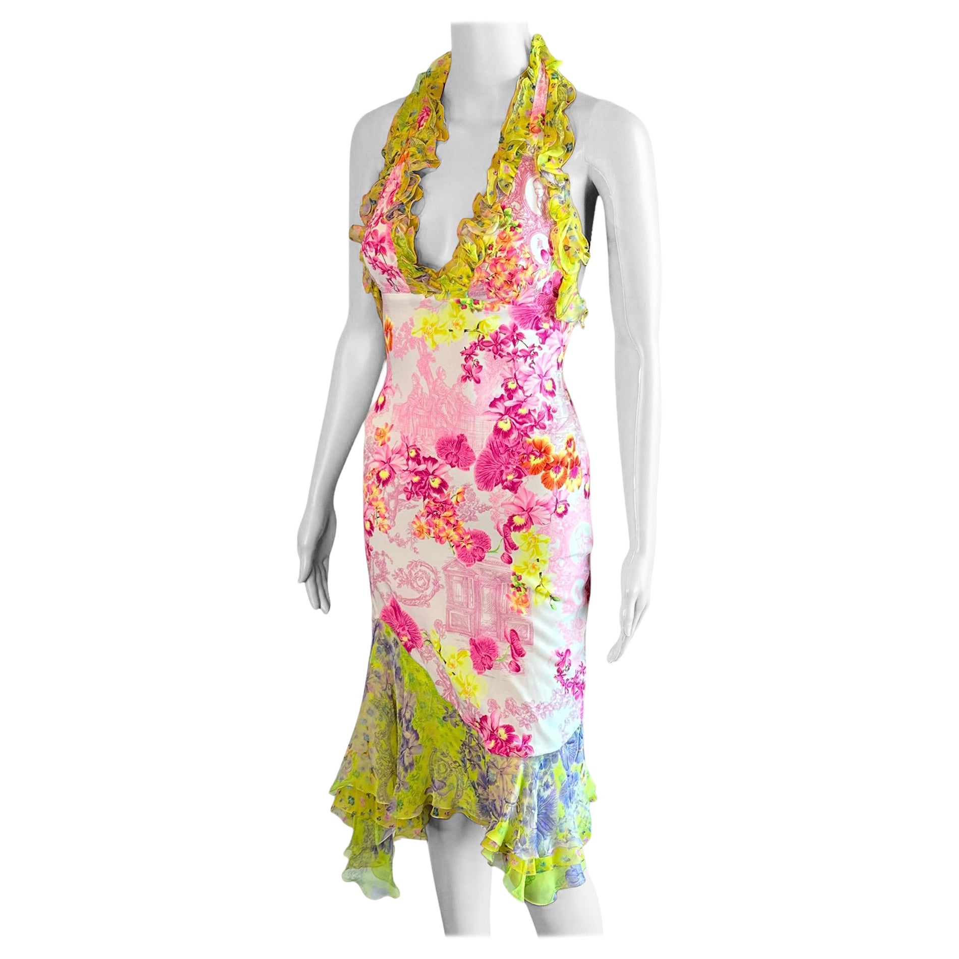 Versace S/S 2004 Runway Floral Print Ruffle Plunging Neckline Low Back Dress