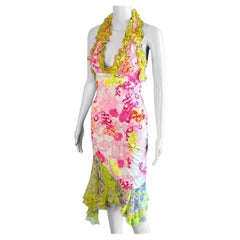 Versace S/S 2004 Runway Floral Print Ruffle Plunging Neckline Low Back Dress