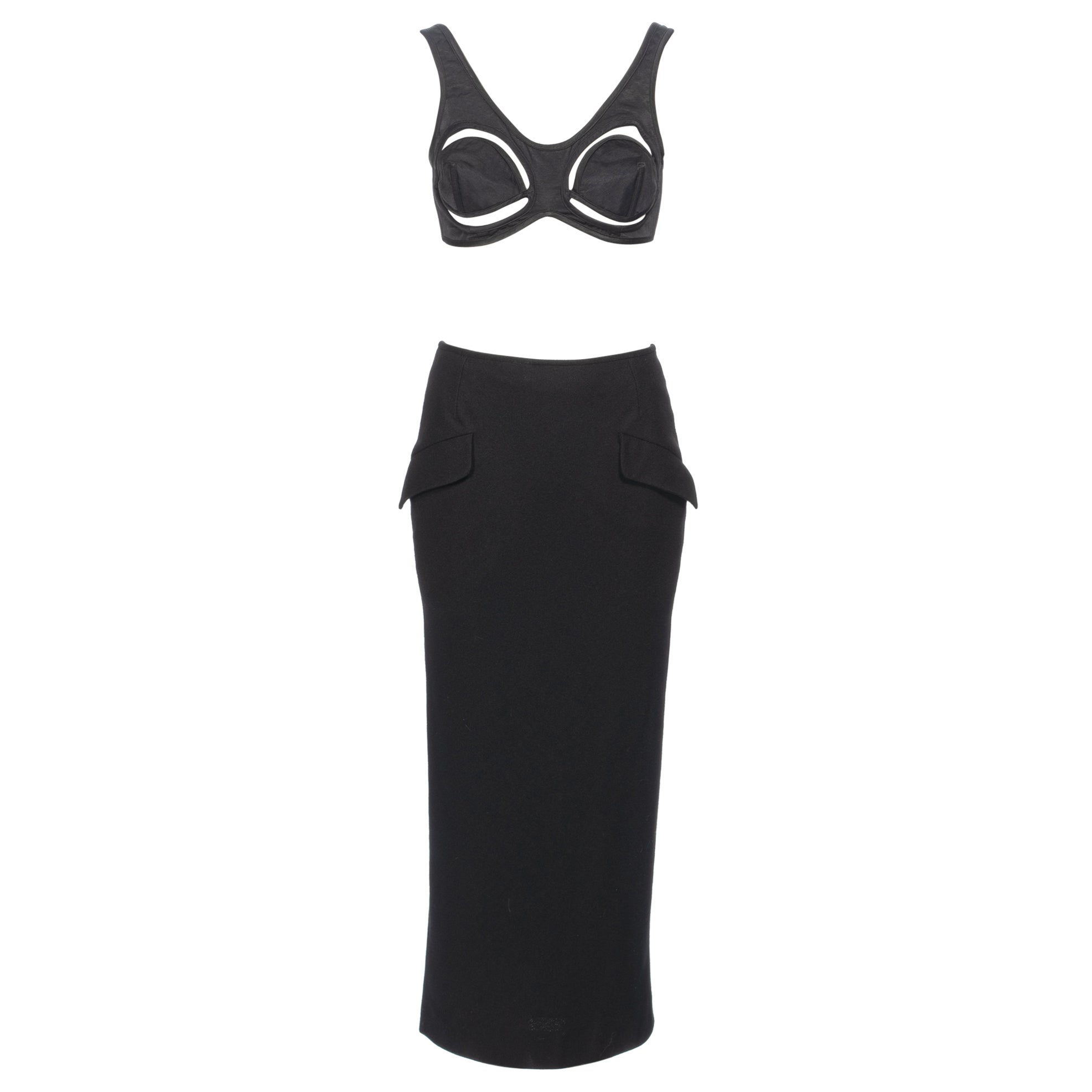 Jean Paul Gaultier Black Cut-Out Cone Bra and Midi Skirt Set, ss 1993 For Sale
