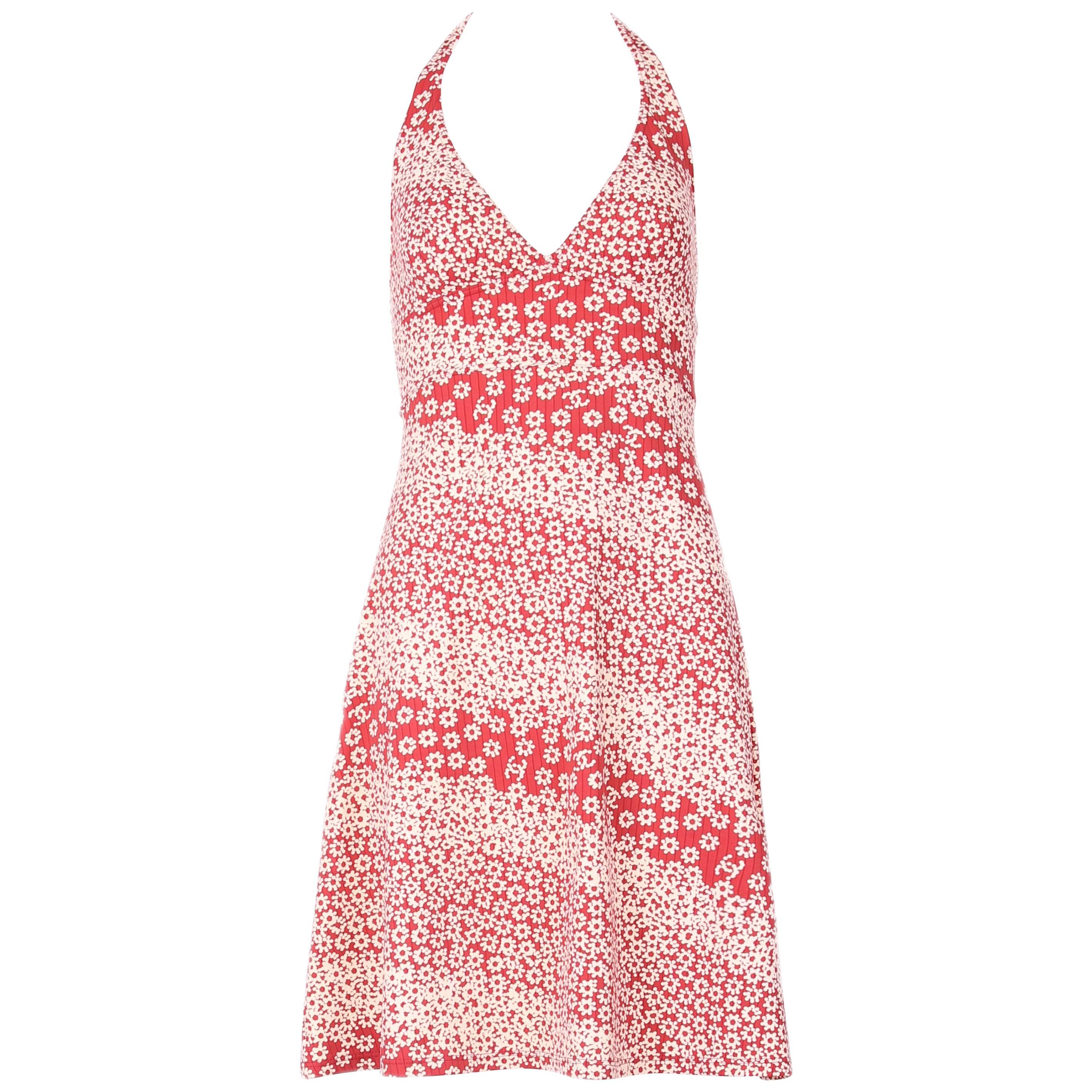 Chanel Red & White Floral Print Halter Dress w/CC Logo Motif