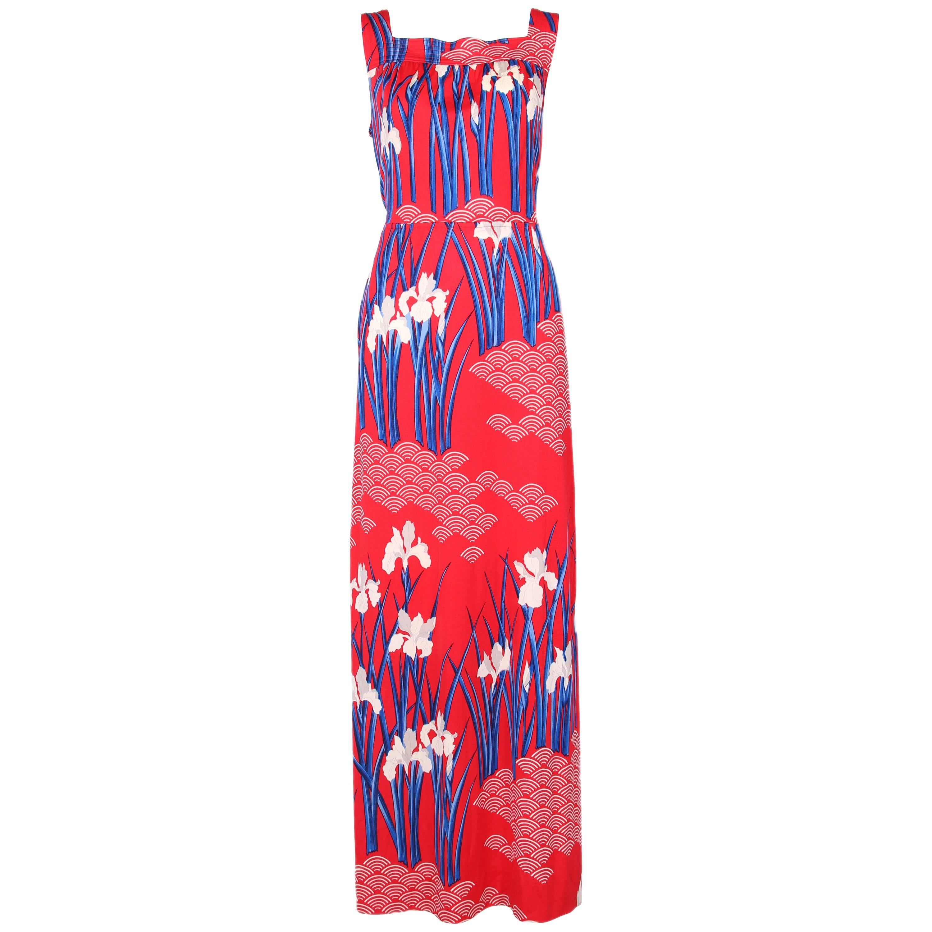 Hanae Mori Red, Blue, & White Floral Printed Maxi Dress 