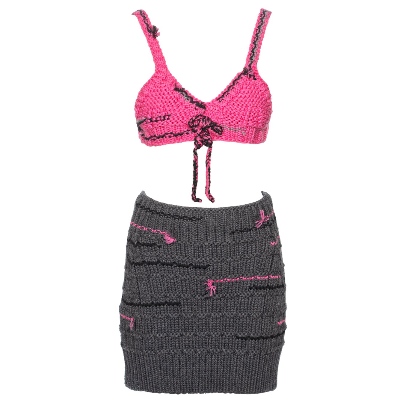 Prada by Miuccia Prada Pink and Grey Knitted Bra and Mini Skirt Set, fw 2017 For Sale