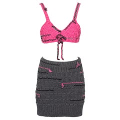 Vintage Prada by Miuccia Prada Pink and Grey Knitted Bra and Mini Skirt Set, fw 2017