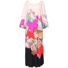 Hanae Mori Couture Silk Printed Maxi Dress W/Bell Sleeves & Smocked Neckline 8