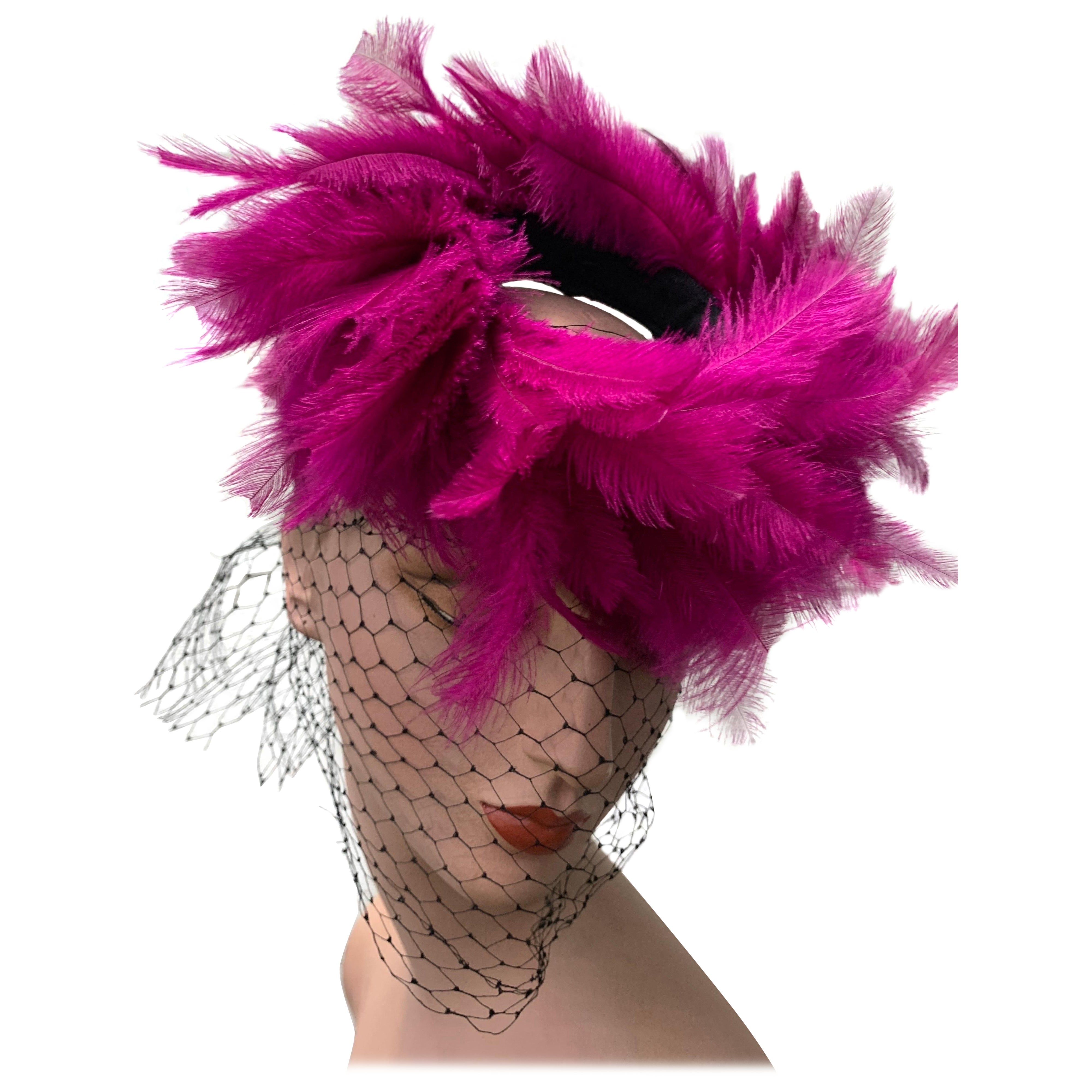 1940s Fuchsia Baby Ostrich Feather Back Ring Tilt Hat w Added Veil Included For Sale