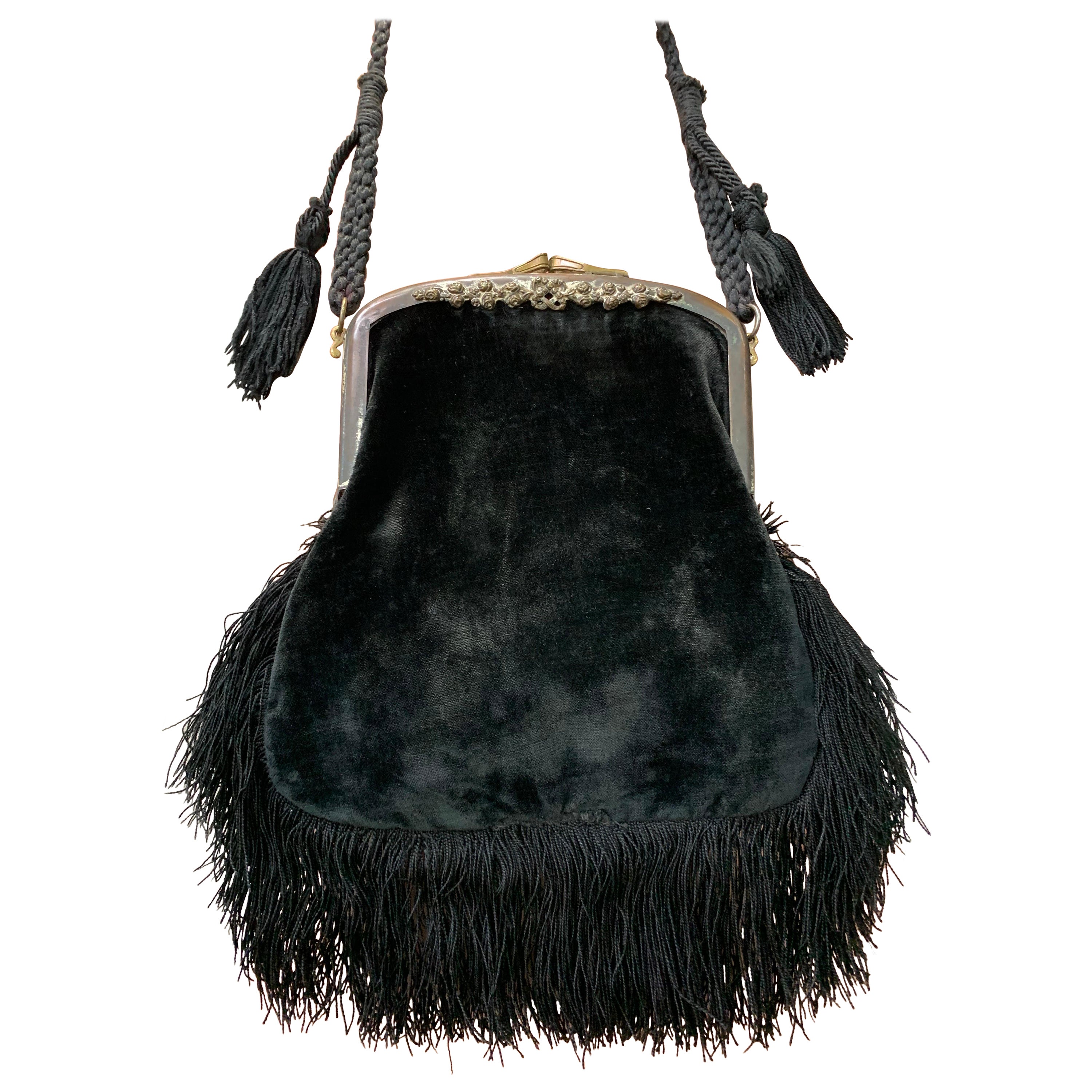 Art Nouveau Black Silk Velvet & Fringed Handbag w Braid Strap & Tassels 