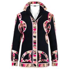 EMILIO PUCCI 1960s Black Geometric Signature Print Cotton Velvet Jacket Size 12 9