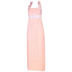 1970 Sarmi Pink Pleated Silk Chiffon Halter Gown W/Ribbon Bow Detail 7