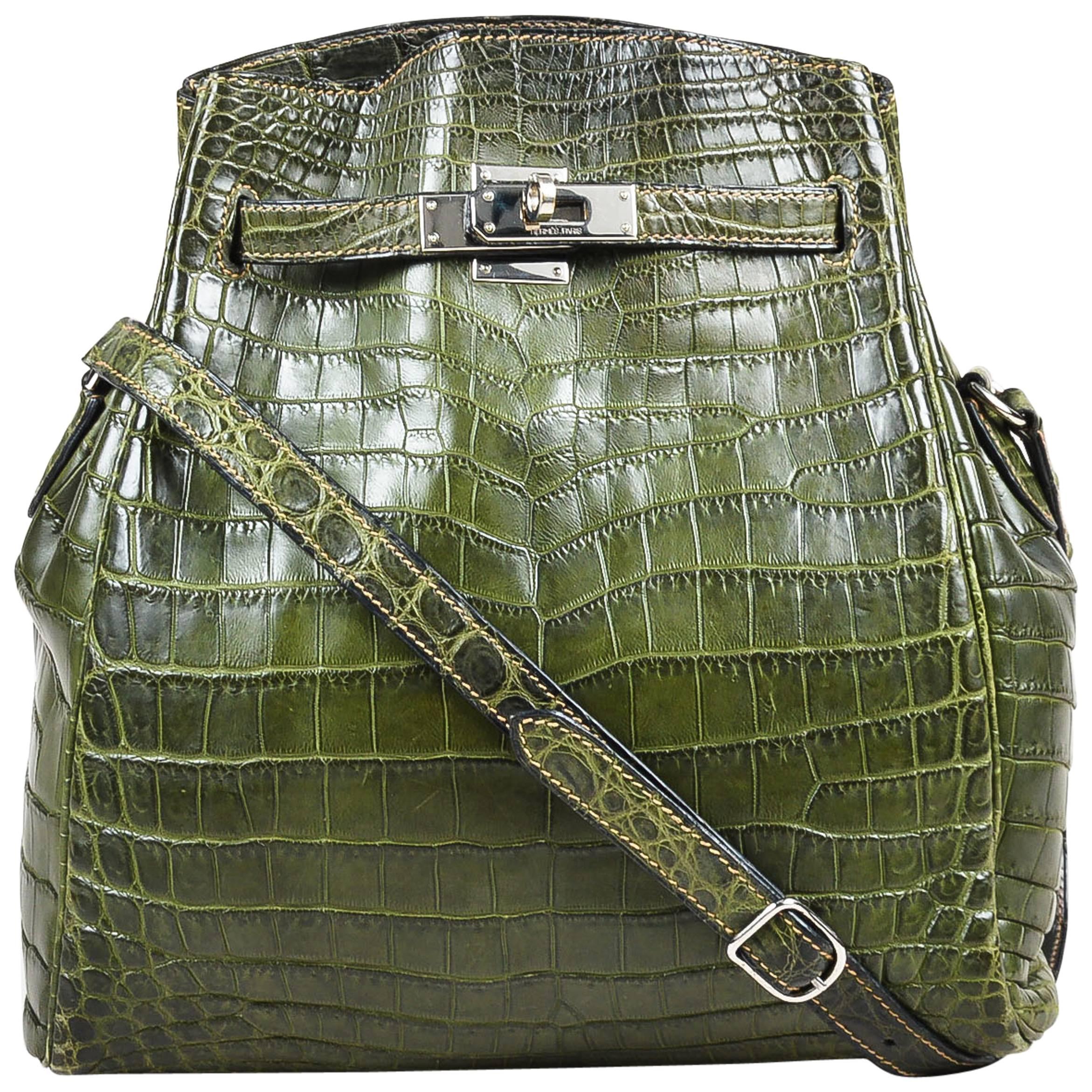 Hermes Vert Olive Crocodile Niloticus Matte Palladium "Kelly Sport 26" Bag For Sale