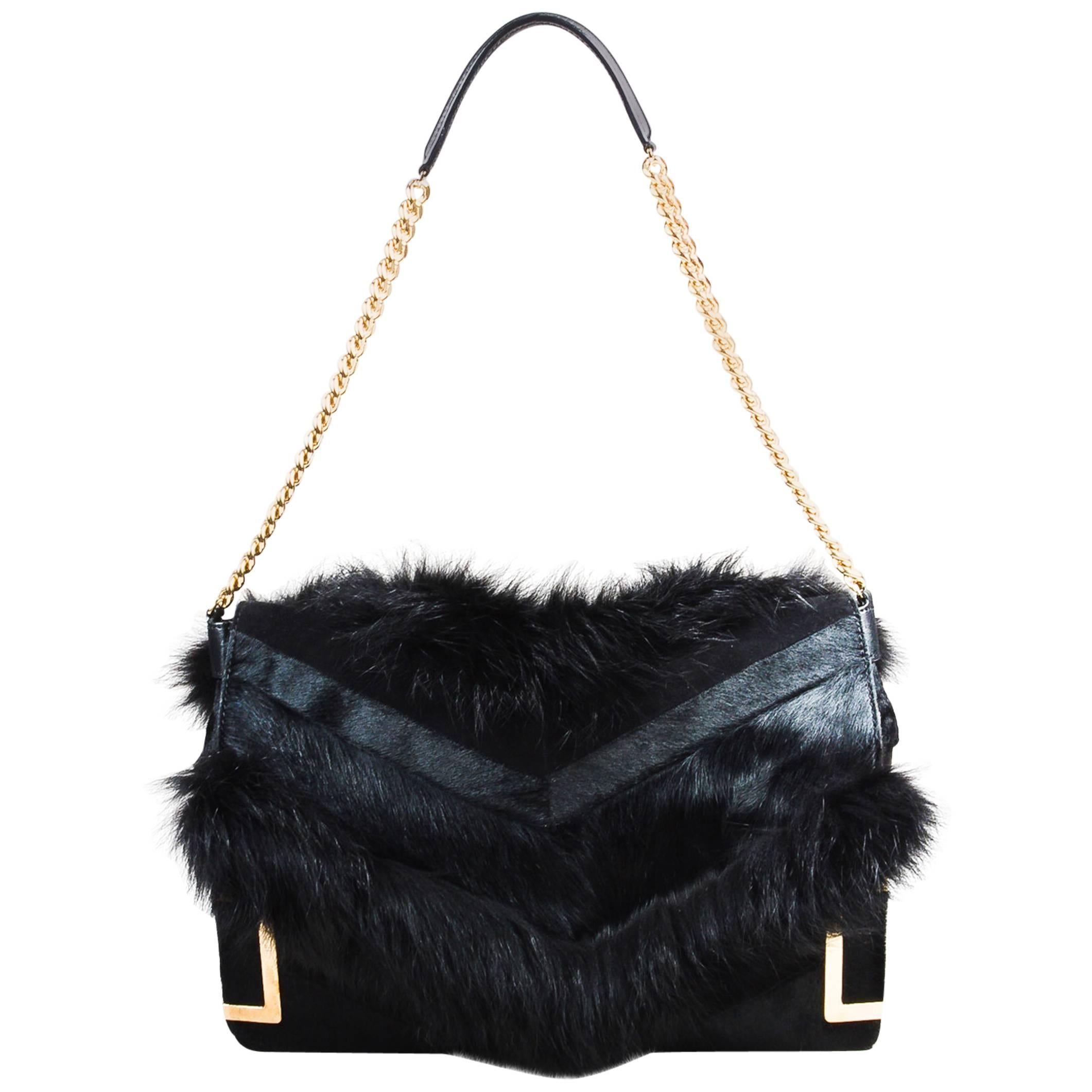 Jimmy Choo $2450 Black Fox Fur Pony Hair GHW Leather Chainlink Strap "Ally" Bag For Sale