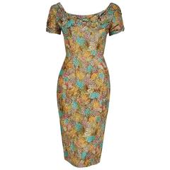 1950's Ceil Chapman Watercolor Floral Garden Print-Silk Ruched Cocktail Dress