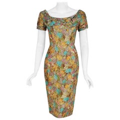 1950's Ceil Chapman Watercolor Floral Print Ruched Silk Hourglass Cocktail Dress