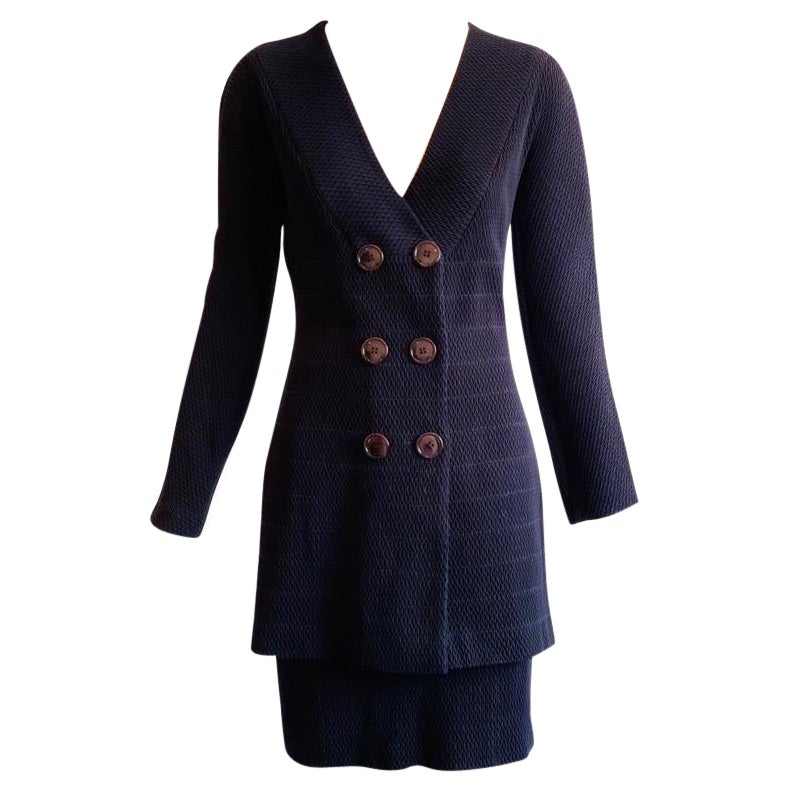 1980s Gianfranco Ferre Waffle Navy Skirt Suit Set For Sale