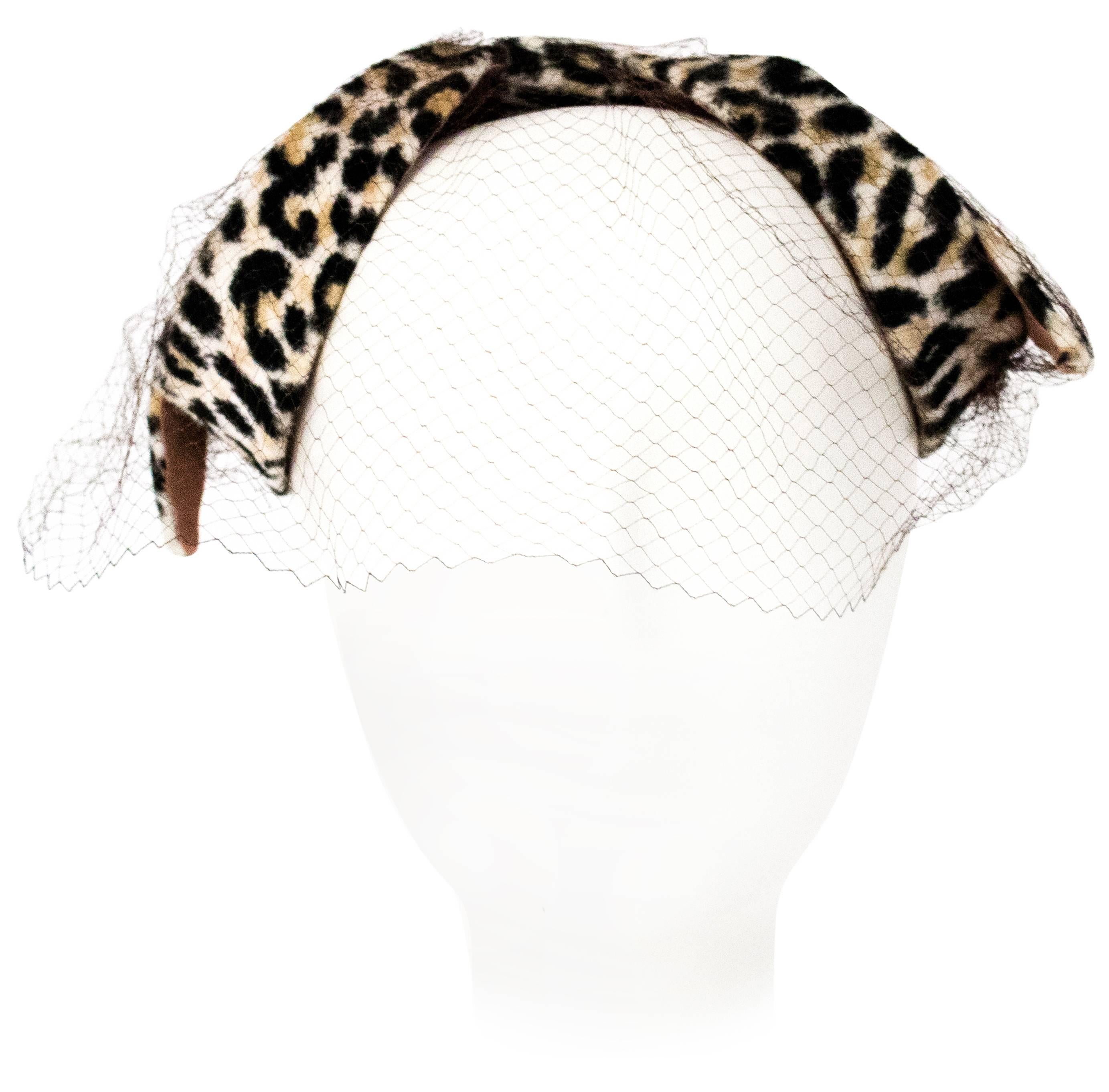 50s Velvet Leopard Print Bow Shaped Hat with Net