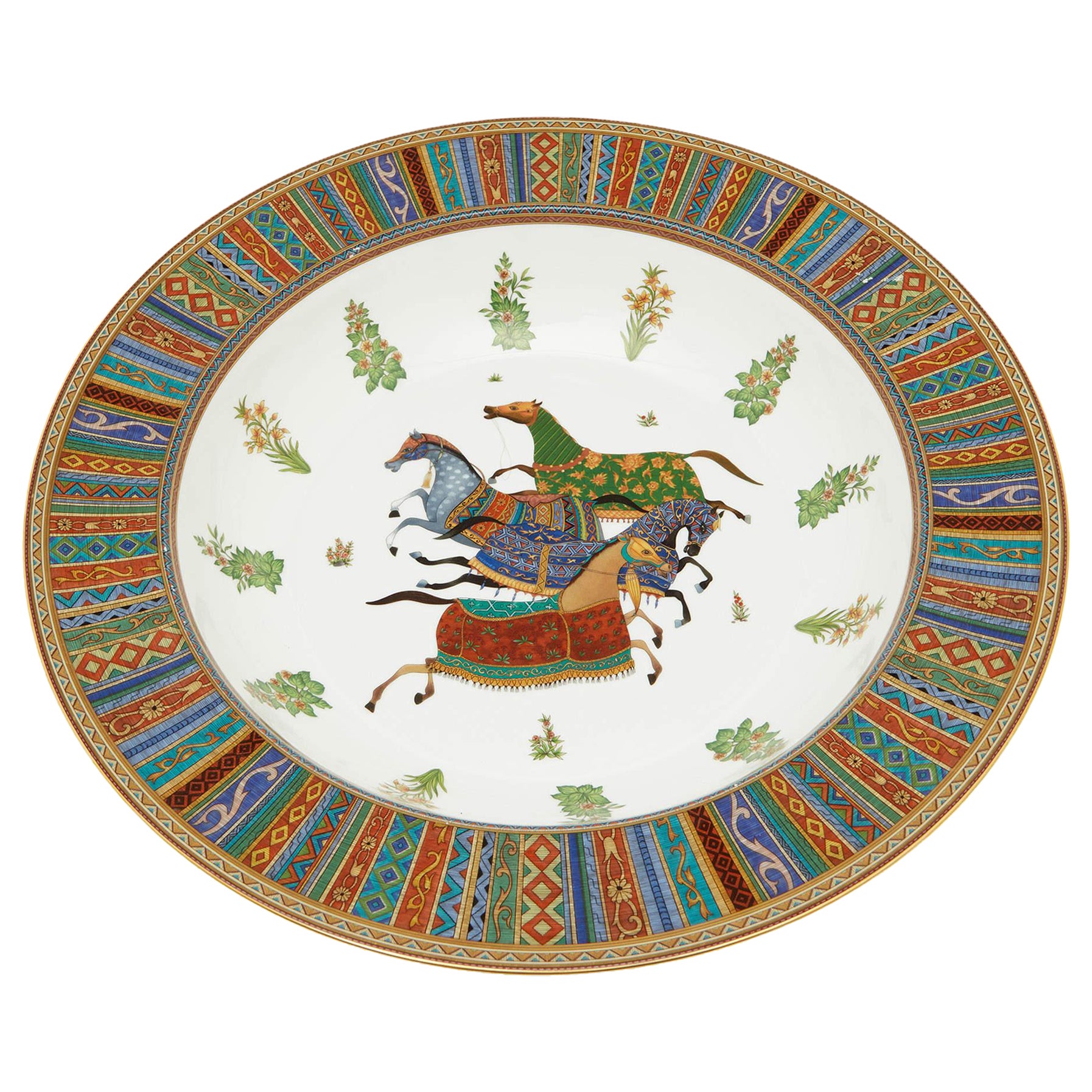Hermes White Cheval d'Orient Rimmed Centerpiece Big Platter Set of 2 For Sale