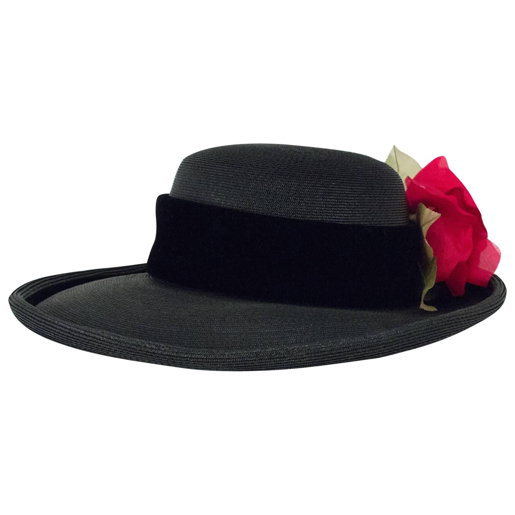 80s Christian Dior Black Straw Wide Brim Hat with Velvet Trim and Red Rose