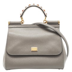 Dolce & Gabbana Grey Leather Medium Miss Sicily Top Handle Bag