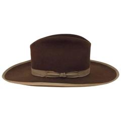Vintage 40s Brown Felt Cowboy Hat with Tan Grosgrain Ribbon Trim & Band 