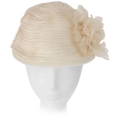 50s Schiaparelli White Organza & Horsehair Hat with Flower Adornment 