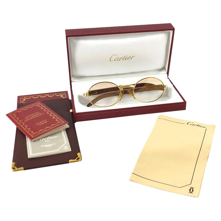 Lunettes de soleil vintage Cartier Giverny Gold and Wood Large 51/20 Gradient Brown Lens en vente