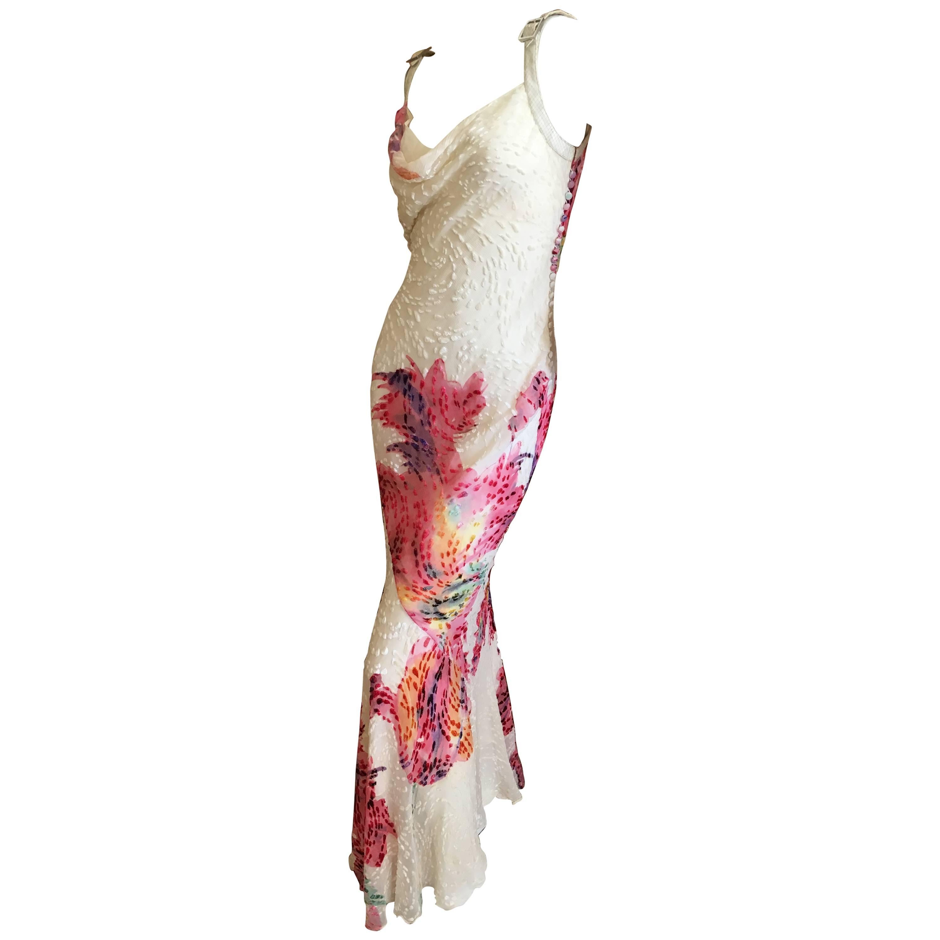 Christian Dior Bias Cut Ivory Devore Velvet Dress w Snakeskin Straps by Galliano For Sale