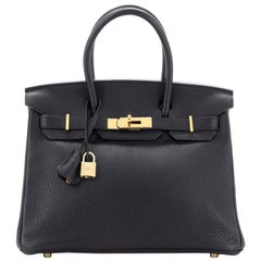 Hermes Birkin Handbag Noir Clemence with Gold Hardware 30