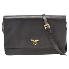 Prada Black Saffiano Lux Leather Logo Flap Clutch Bag