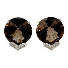 15mm Checkerboard Smokey Topaz  and Diamond Stud Earrings in 14K White Gold 